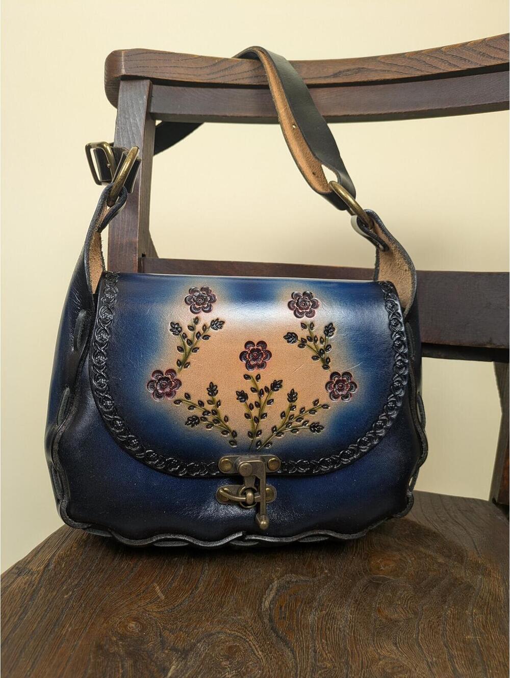 1970's/80's blue leather floral tooled saddle bag